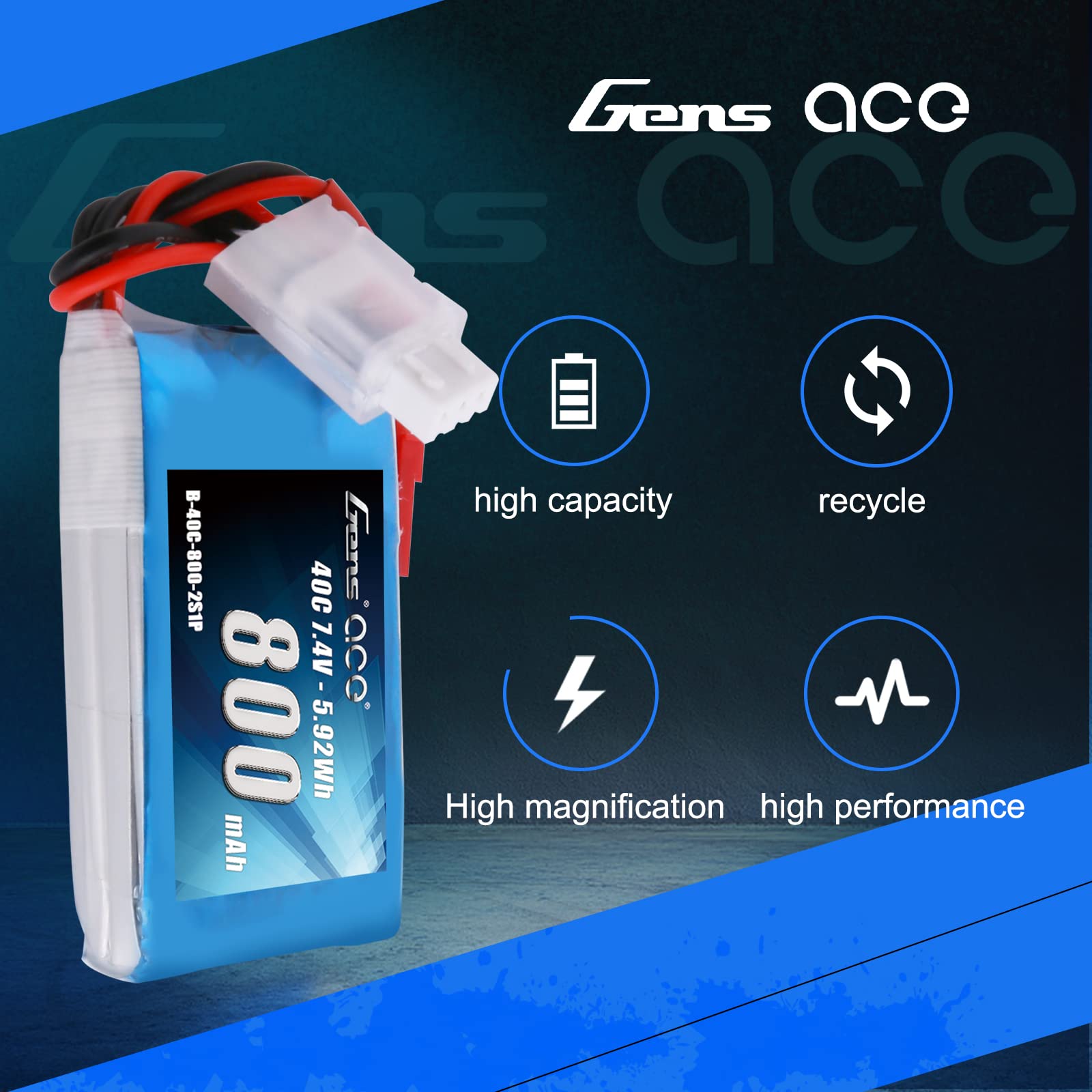 Amazon.com: Gens ace 800mAh 2S 7.4V 40C LiPo Battery Pack with JST